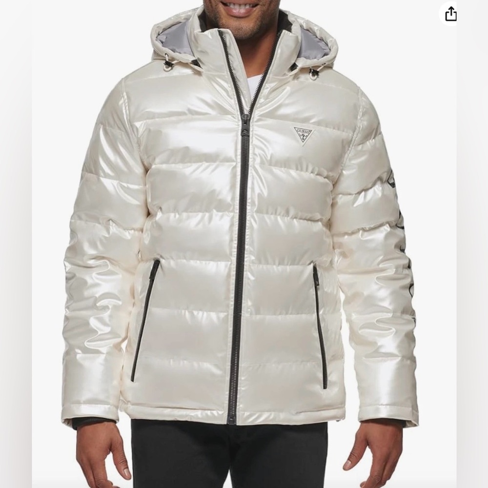 GUESS Men’s Pearl Ivory Shiny Puffer Jacket with Hood